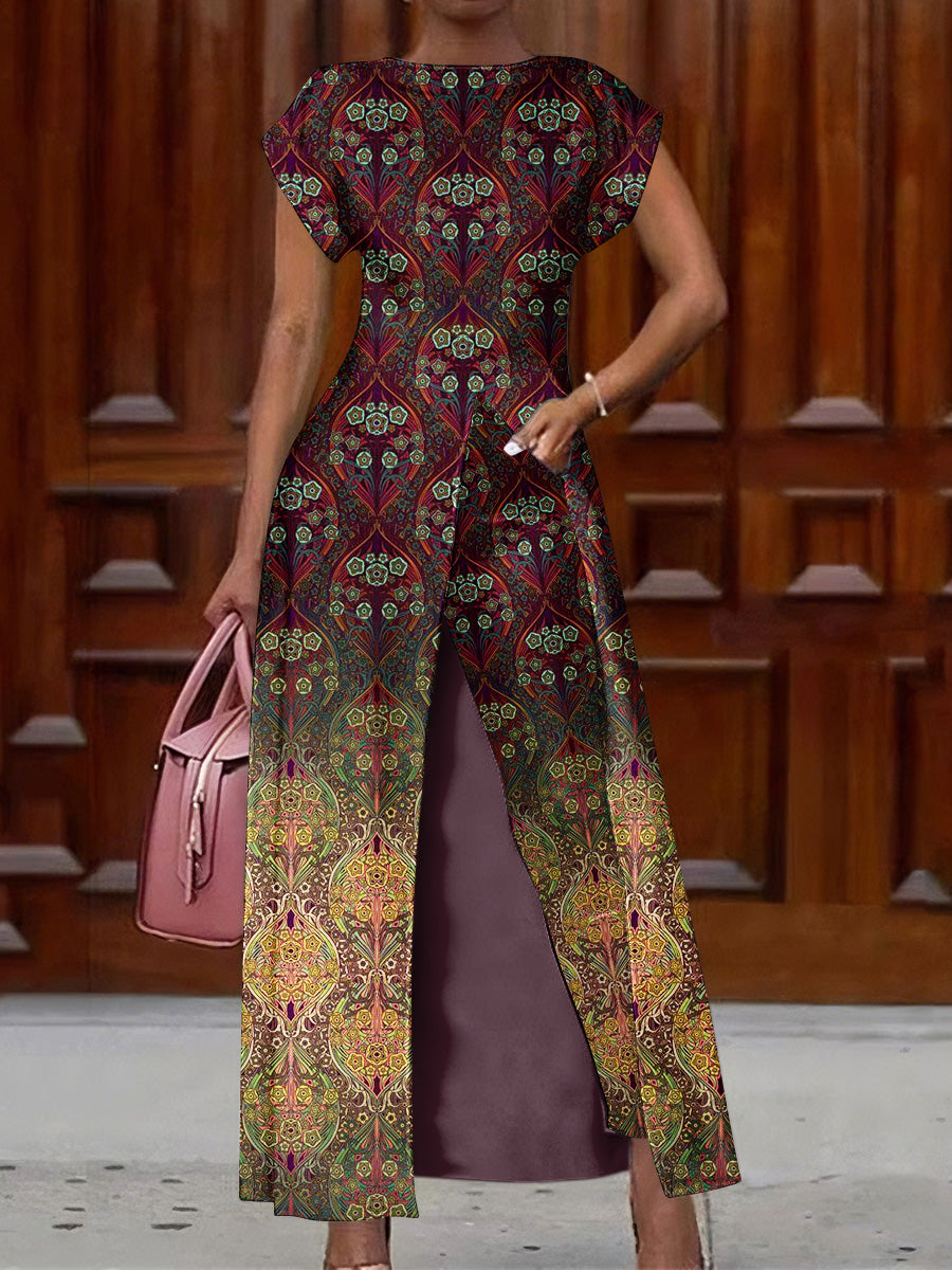 Retro Boho Floral Art Print Vintage Long Split Shirts Dress Skinny Pants Two-Piece Set